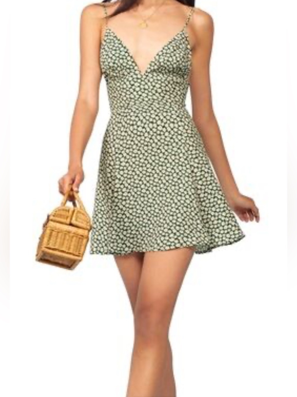 Reformation Olive Green Floral Spaghetti-Strap Mini Dress